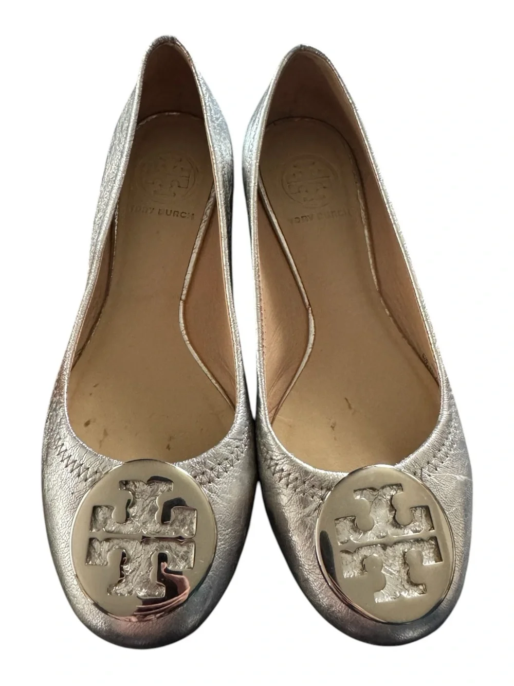 Tory Burch Metallic Silver Logo Ballet Flats